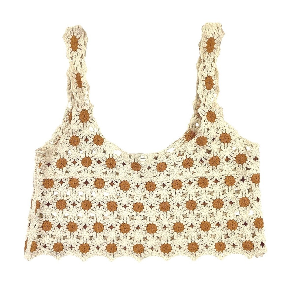 The Post Women's M/L Crochet Granny Square Crop Tank Beige Brown Boho Festival